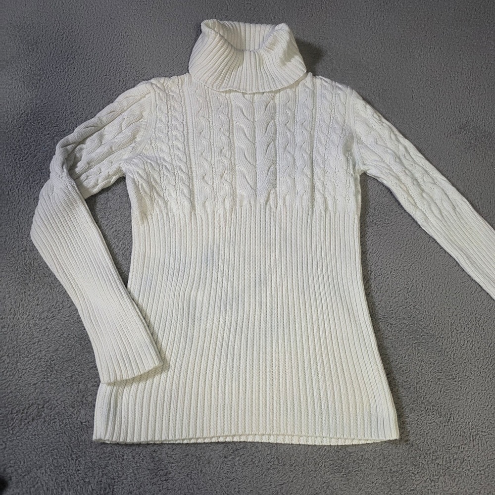 Axcess Womens Large Turtleneck Sweater Cream White Cable Knit Ribbed Cotton